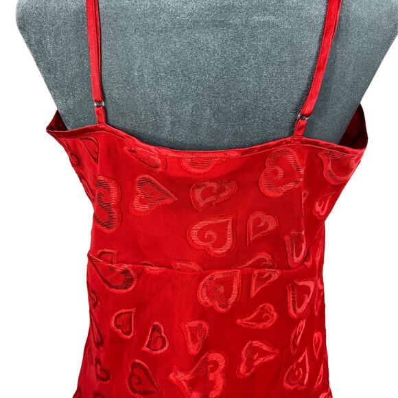 Y2K Babydoll Camisole Tank Top Medium Red Textured Hearts Mesh Overlay Satin Vtg - Picture 11 of 15